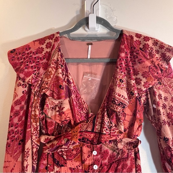 FREE PEOPLE Sz XS Lennon Dress Ruffle Neck Maxi Length Bohemian Patterned NEW - Picture 3 of 15